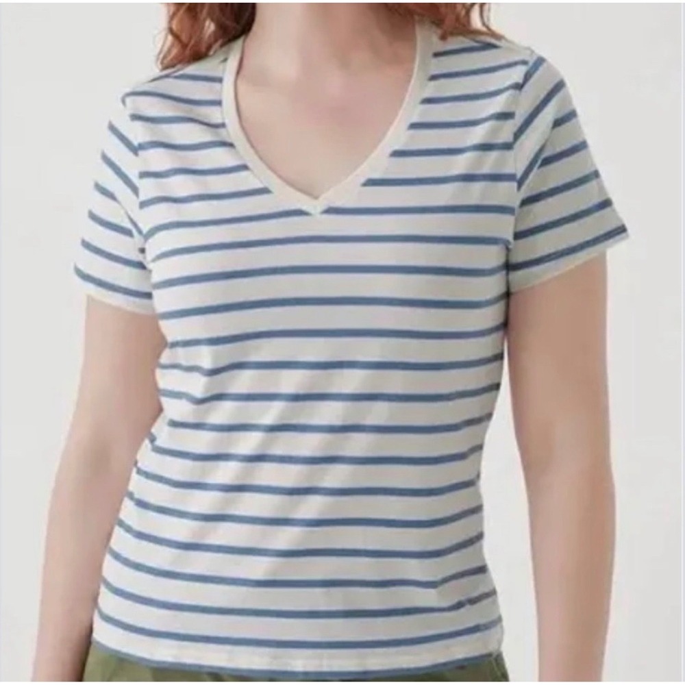 Pact Womens Blue White Striped Organic Cotton V-Neck Short Sleeve T-Shirt S
